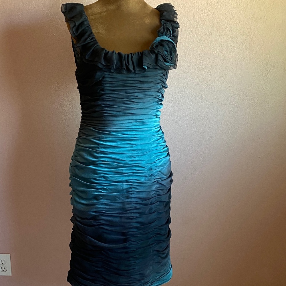ADRIANA PAPELL Boutique Teal Ruffled Midi Dress - Picture 3 of 16